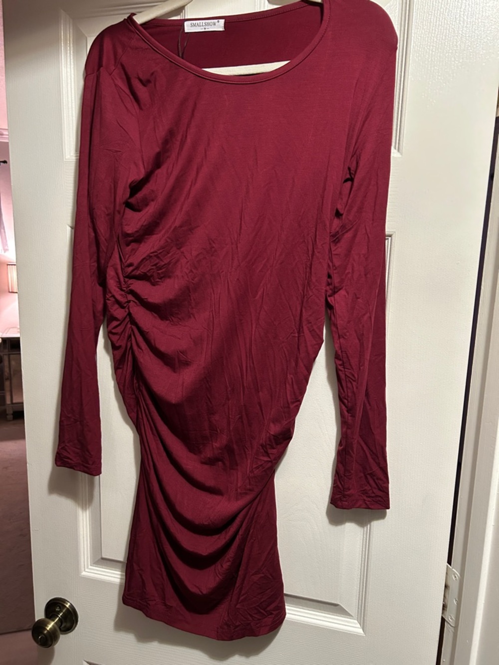 Slim Ruched Long-Sleeve Dress in Wine